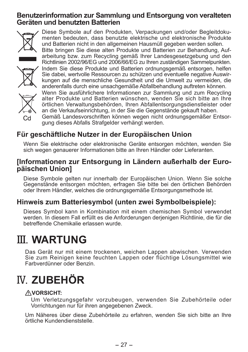 Wartung, Zubehör | Panasonic EY7411 User Manual | Page 27 / 140
