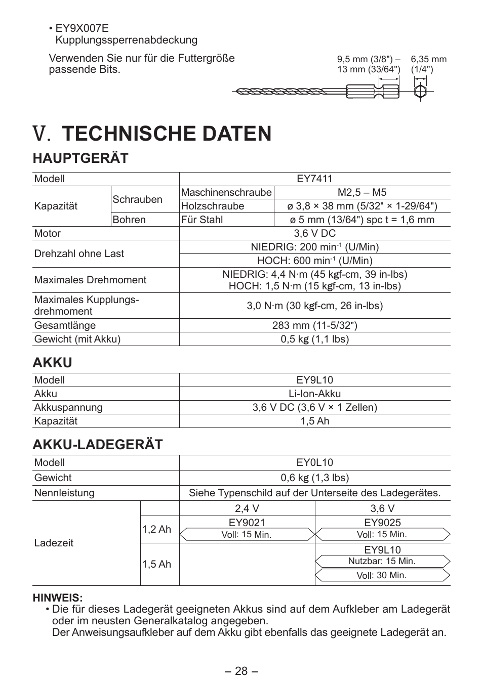 Technische daten, Hauptgerät, Akku | Akku-ladegerät | Panasonic EY7411 User Manual | Page 28 / 140
