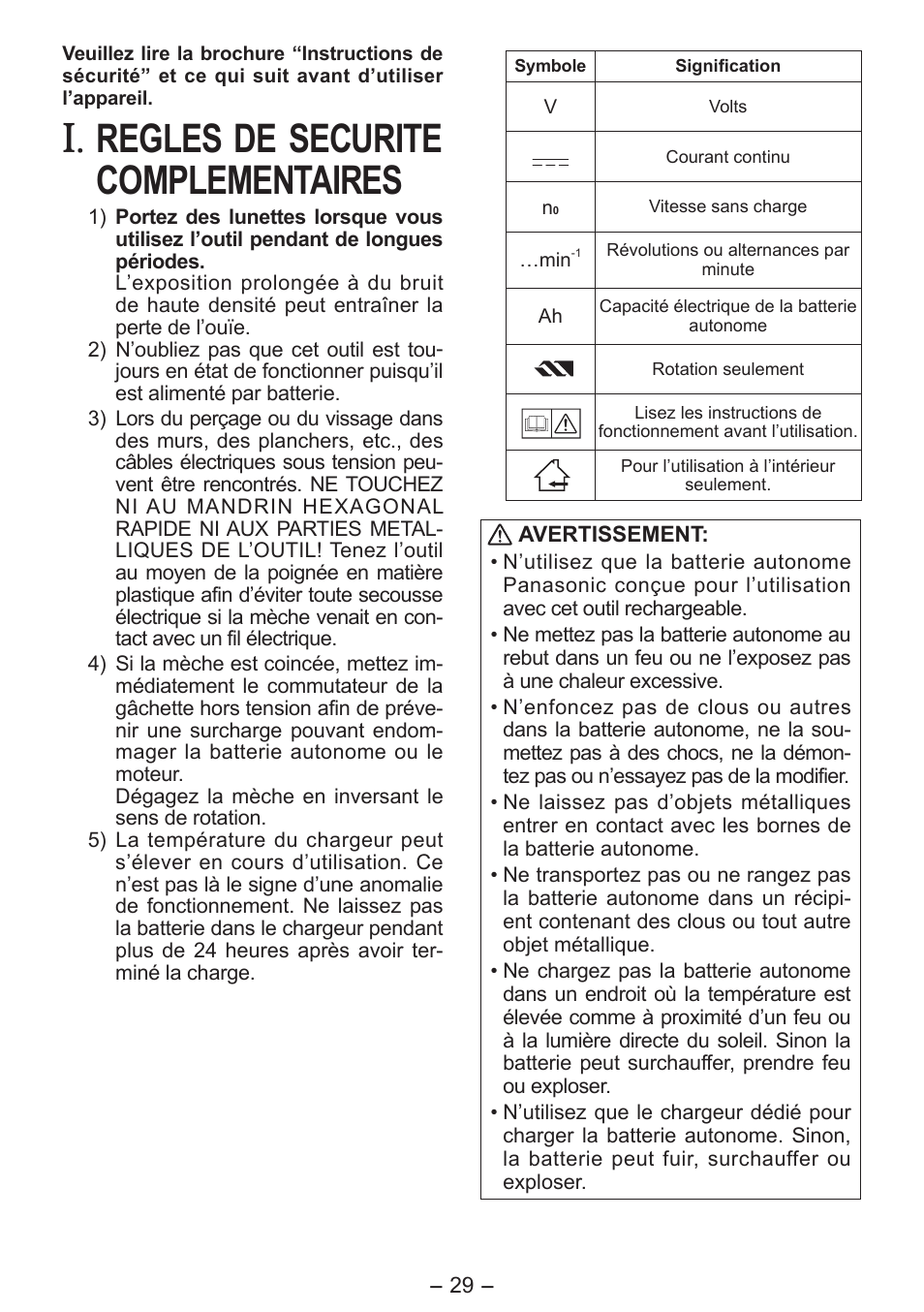 Regles de securite complementaires | Panasonic EY7411 User Manual | Page 29 / 140