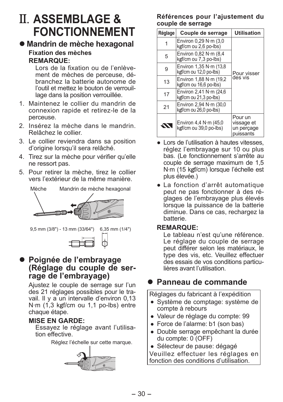 Assemblage & fonctionnement, Mandrin de mèche hexagonal, Panneau de commande | Panasonic EY7411 User Manual | Page 30 / 140