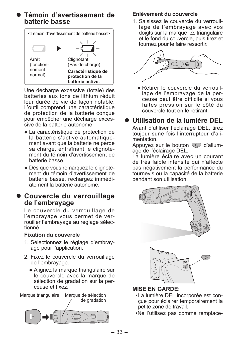 Témoin d’avertissement de batterie basse, Couvercle du verrouillage de l’embrayage, Utilisation de la lumière del | Panasonic EY7411 User Manual | Page 33 / 140