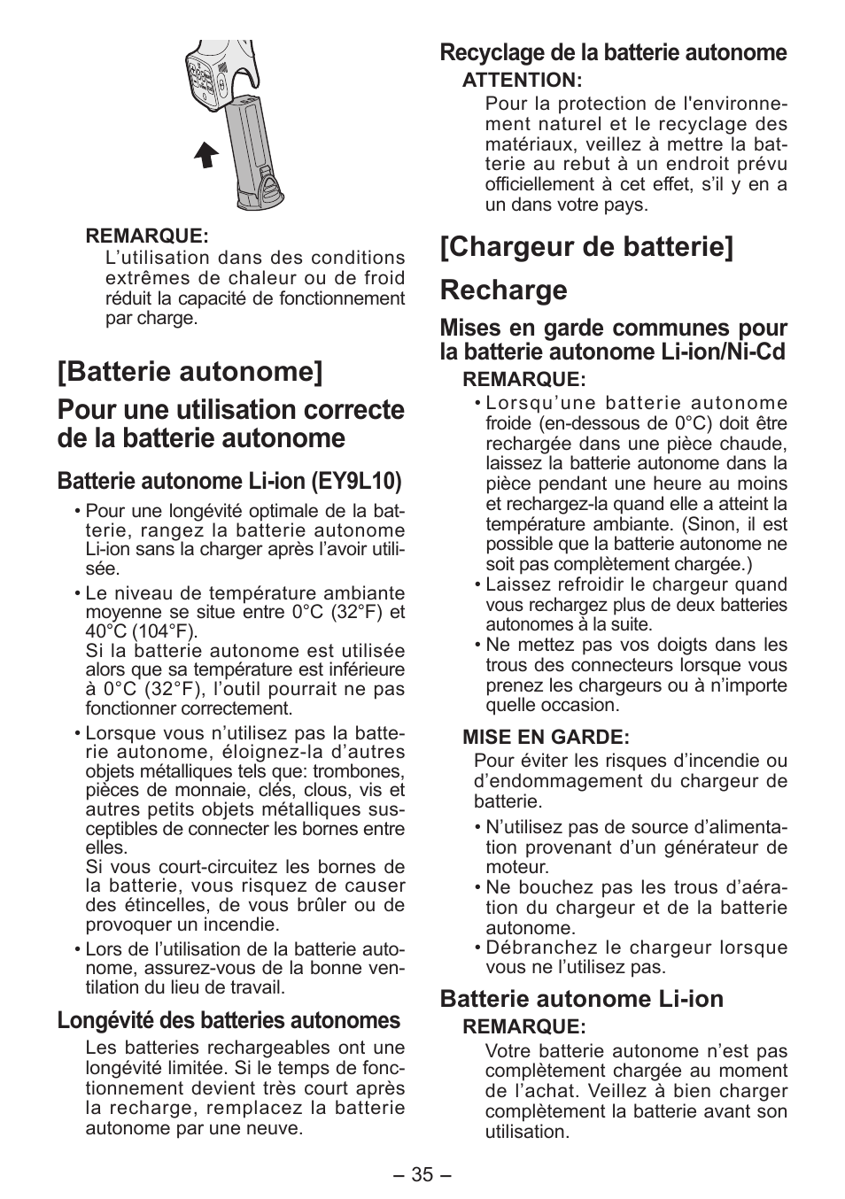Chargeur de batterie] recharge, Batterie autonome li-ion (ey9l10), Longévité des batteries autonomes | Recyclage de la batterie autonome, Batterie autonome li-ion | Panasonic EY7411 User Manual | Page 35 / 140
