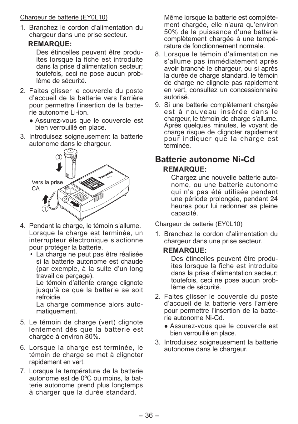 Batterie autonome ni-cd | Panasonic EY7411 User Manual | Page 36 / 140