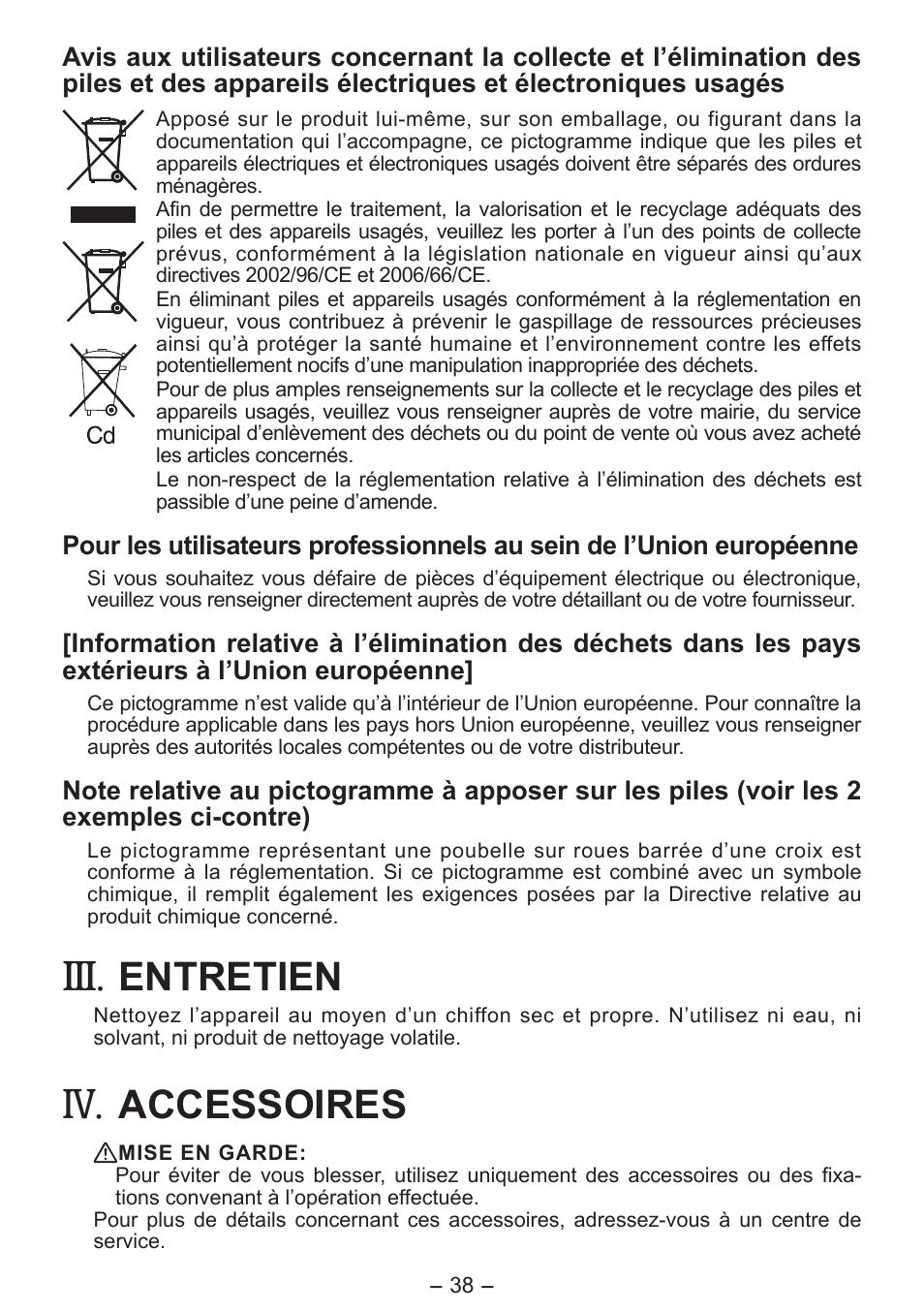 Entretien, Accessoires | Panasonic EY7411 User Manual | Page 38 / 140