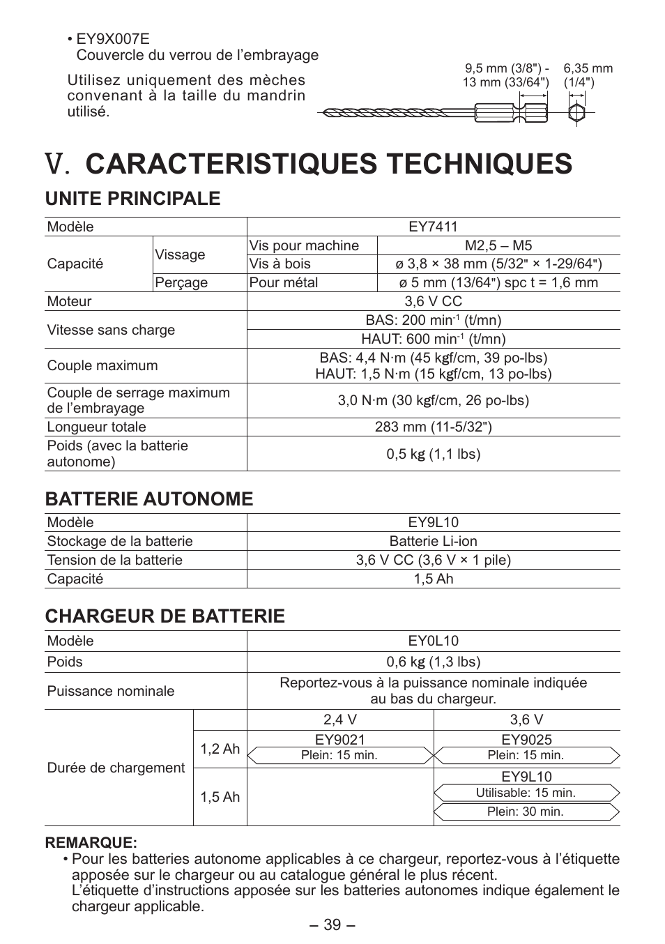 Caracteristiques techniques, Unite principale, Batterie autonome | Chargeur de batterie | Panasonic EY7411 User Manual | Page 39 / 140