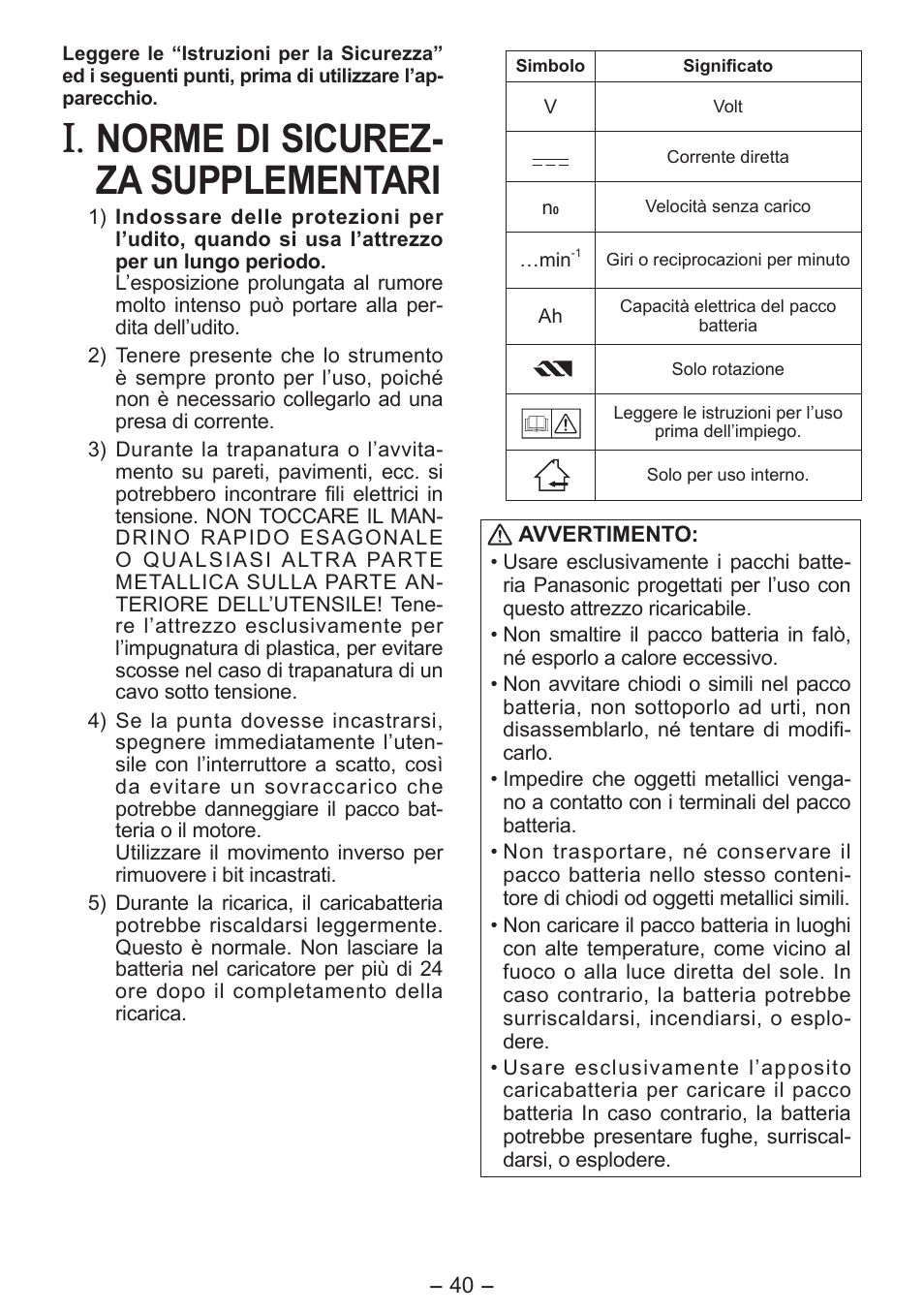 Norme di sicurez- za supplementari | Panasonic EY7411 User Manual | Page 40 / 140