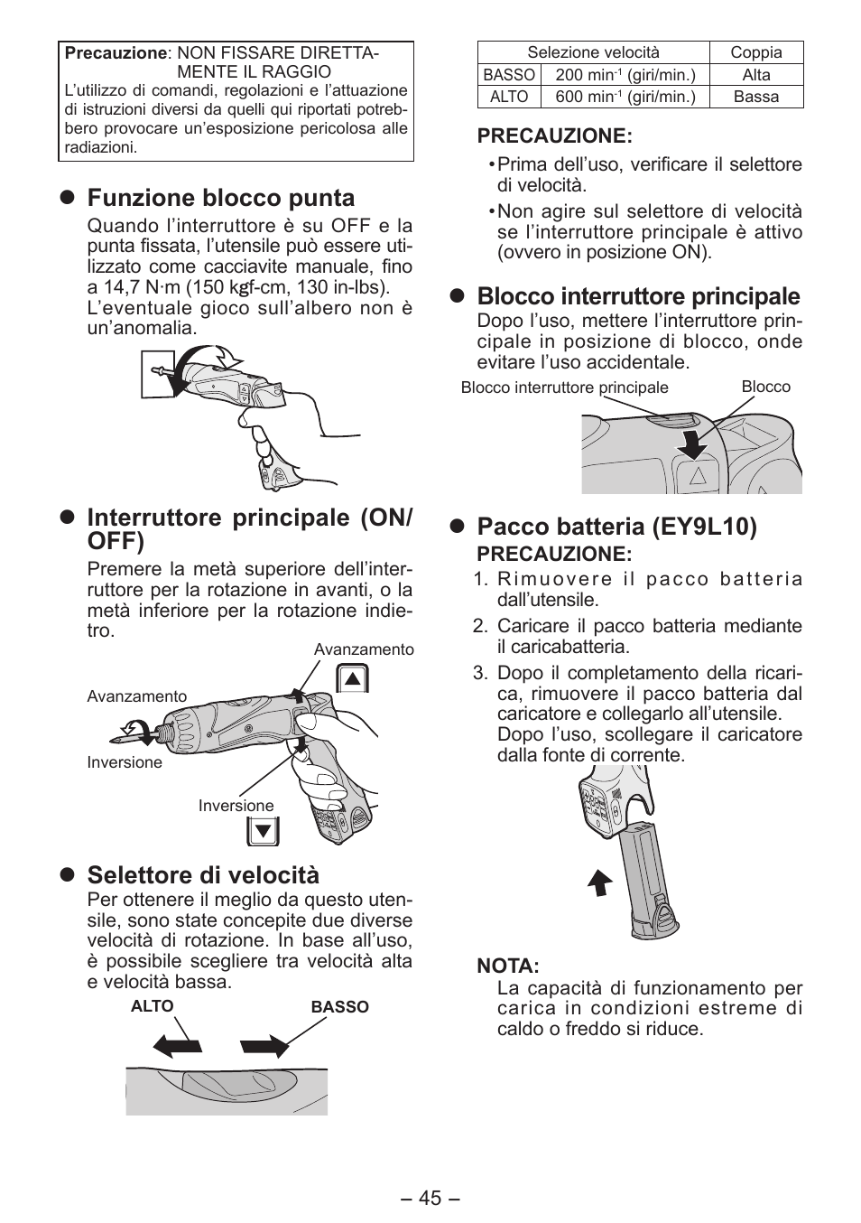 Funzione blocco punta, Interruttore principale (on/ off), Selettore di velocità | Blocco interruttore principale, Pacco batteria (ey9l10) | Panasonic EY7411 User Manual | Page 45 / 140