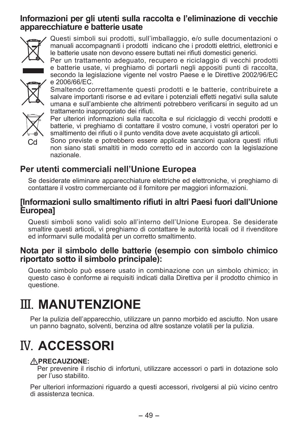Manutenzione, Accessori | Panasonic EY7411 User Manual | Page 49 / 140