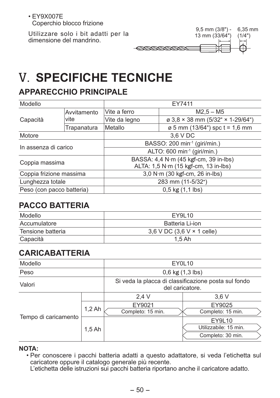Specifiche tecniche, Apparecchio principale, Pacco batteria | Caricabatteria | Panasonic EY7411 User Manual | Page 50 / 140