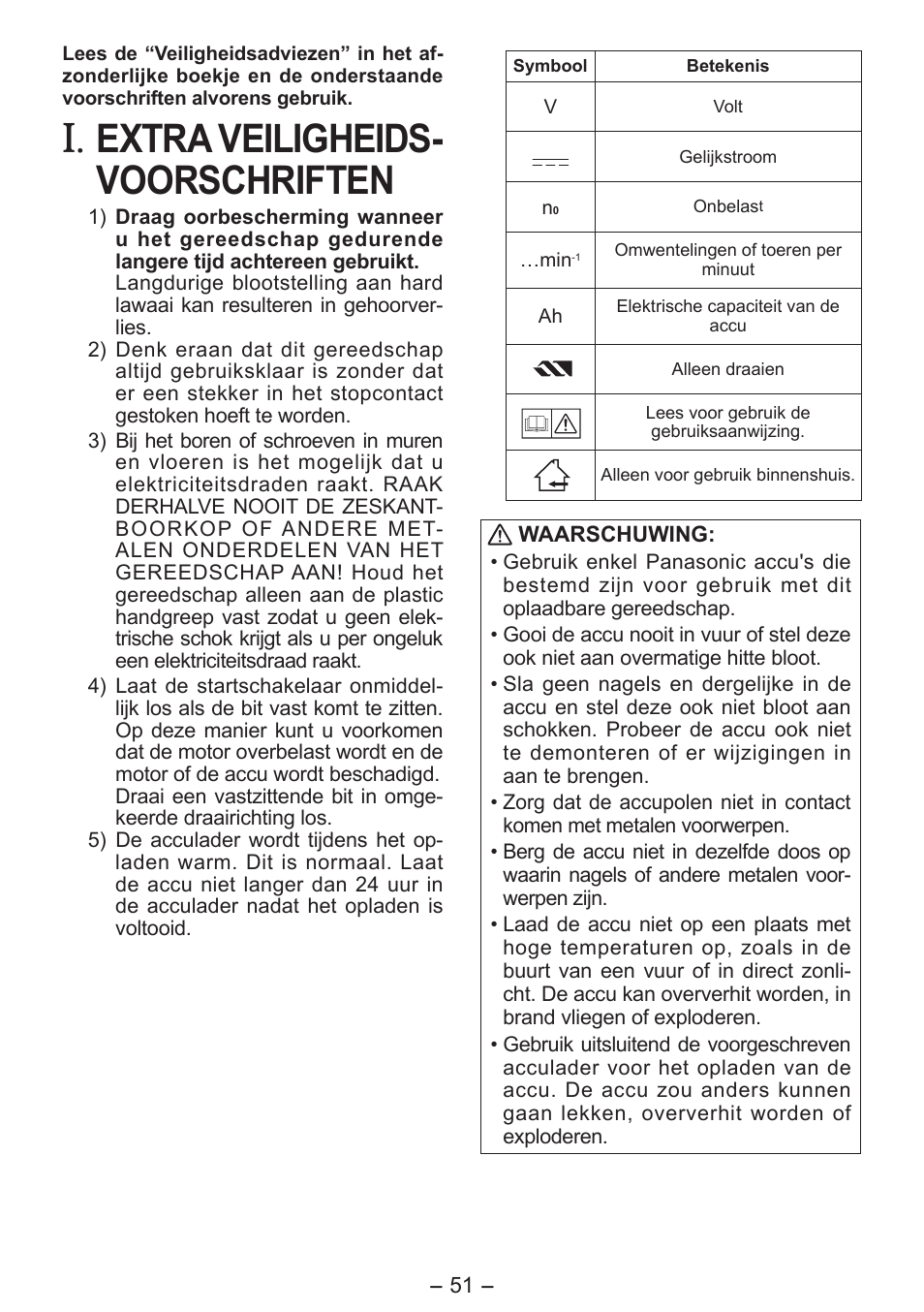 Extra veiligheids- voorschriften | Panasonic EY7411 User Manual | Page 51 / 140