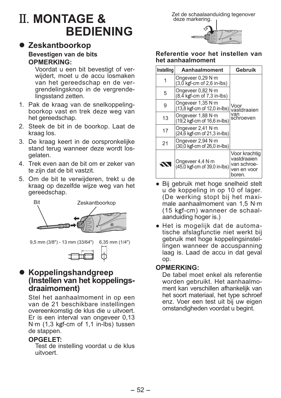 Montage & bediening, Zeskantboorkop | Panasonic EY7411 User Manual | Page 52 / 140