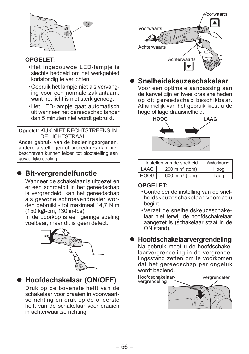 Bit-vergrendelfunctie, Hoofdschakelaar (on/off), Snelheidskeuzeschakelaar | Hoofdschakelaarvergrendeling | Panasonic EY7411 User Manual | Page 56 / 140