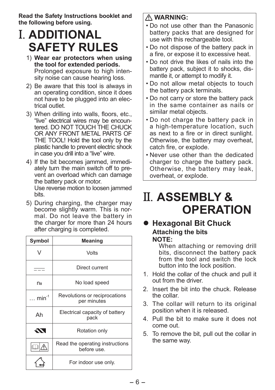 Additional safety rules, Assembly & operation, Hexagonal bit chuck | Panasonic EY7411 User Manual | Page 6 / 140