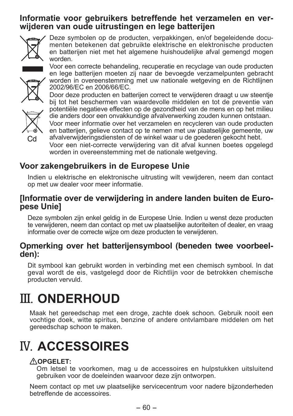 Onderhoud, Accessoires | Panasonic EY7411 User Manual | Page 60 / 140