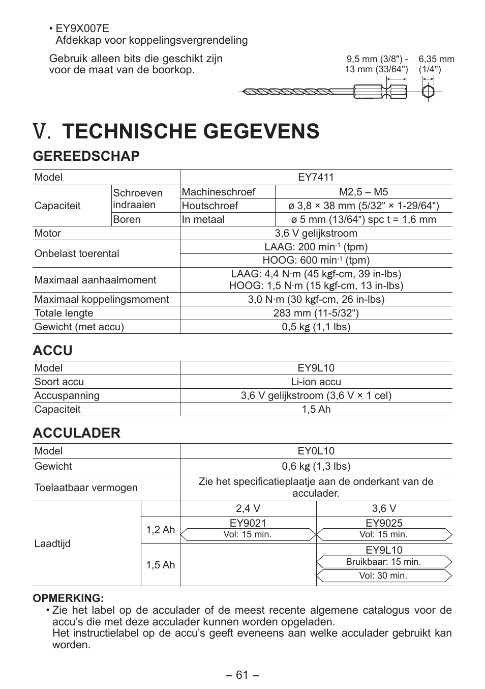 Technische gegevens, Gereedschap, Accu | Acculader | Panasonic EY7411 User Manual | Page 61 / 140