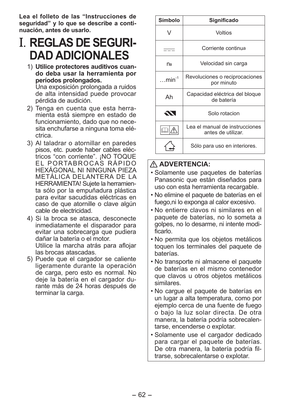 Reglas de seguri- dad adicionales | Panasonic EY7411 User Manual | Page 62 / 140