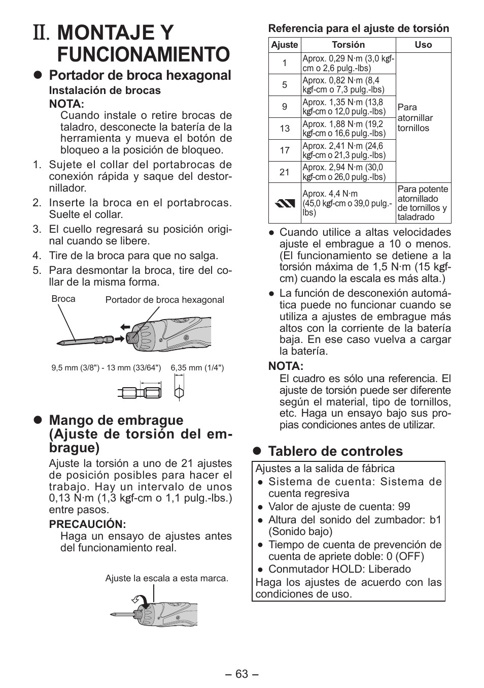 Montaje y funcionamiento, Portador de broca hexagonal, Tablero de controles | Panasonic EY7411 User Manual | Page 63 / 140