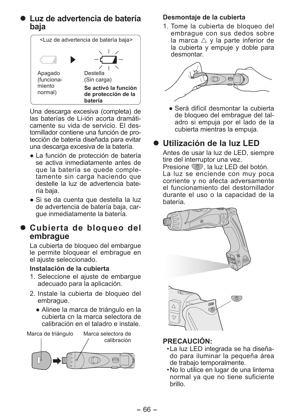 Luz de advertencia de batería baja, Cubierta de bloqueo del embrague, Utilización de la luz led | Panasonic EY7411 User Manual | Page 66 / 140