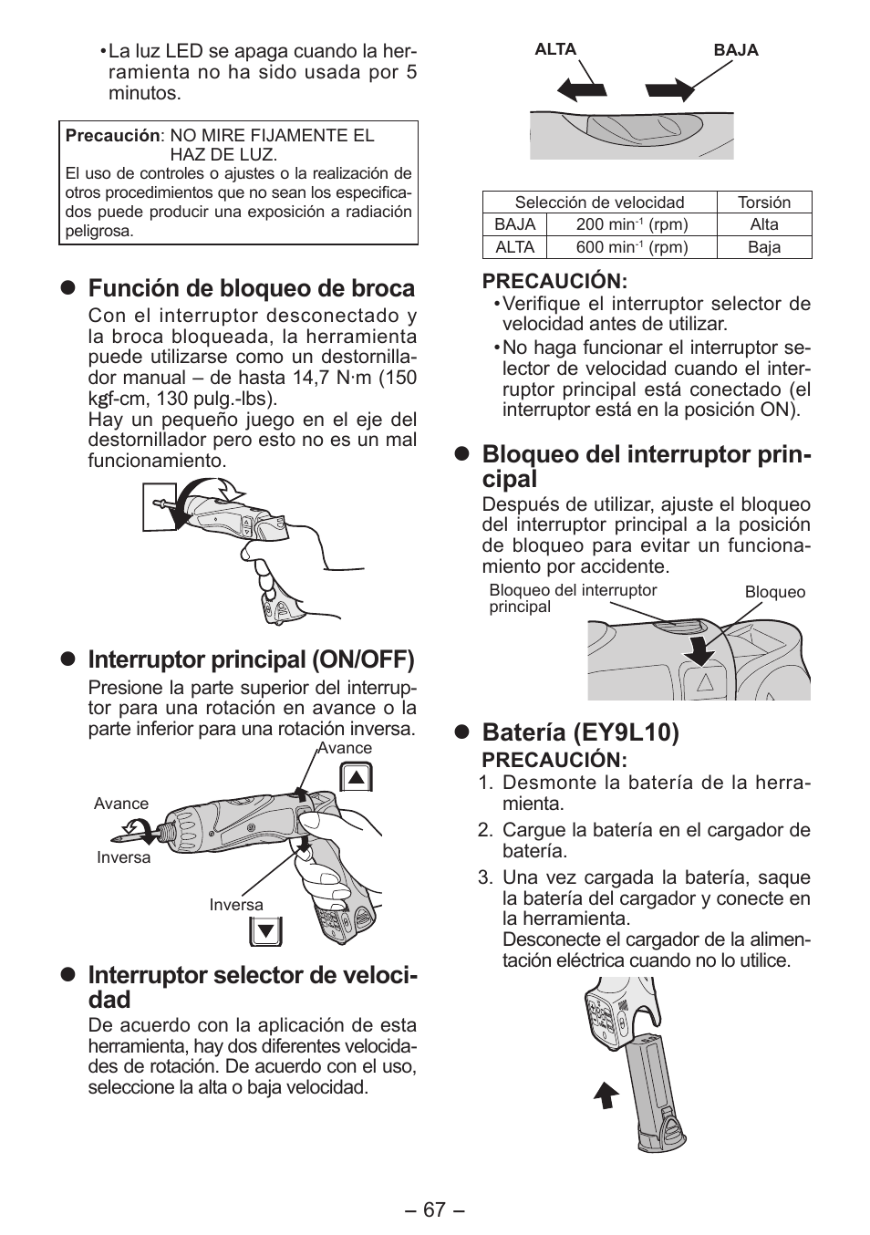 Función de bloqueo de broca, Interruptor principal (on/off), Interruptor selector de veloci- dad | Bloqueo del interruptor prin- cipal, Batería (ey9l10) | Panasonic EY7411 User Manual | Page 67 / 140