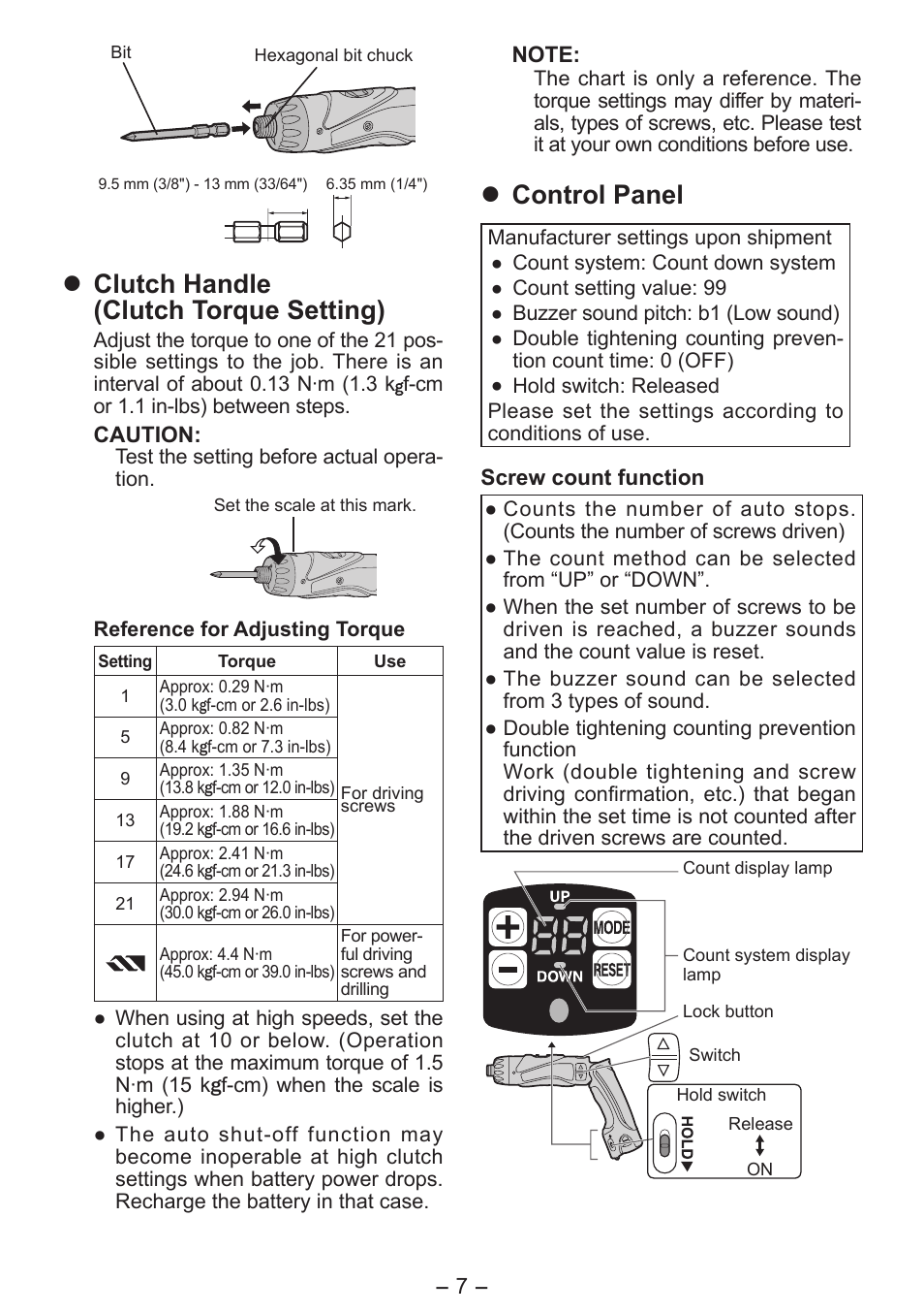 Clutch handle (clutch torque setting), Control panel | Panasonic EY7411 User Manual | Page 7 / 140