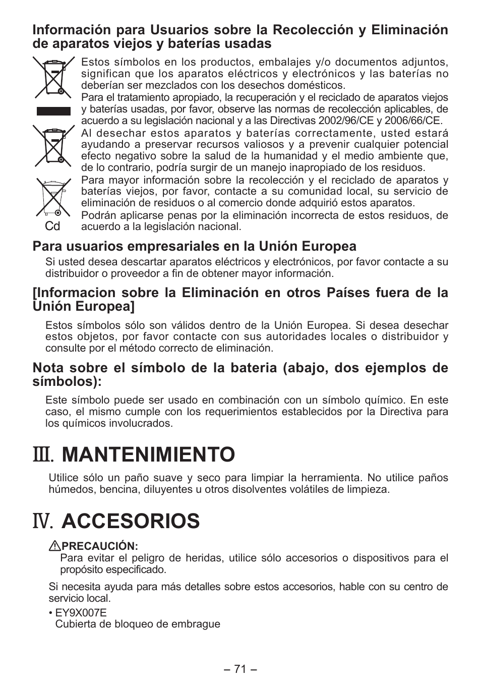 Mantenimiento, Accesorios | Panasonic EY7411 User Manual | Page 71 / 140