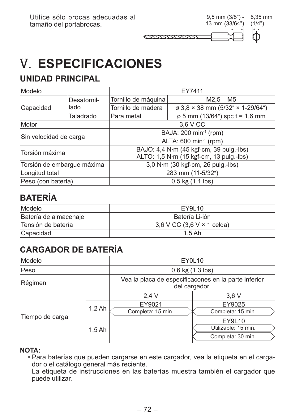 Especificaciones, Unidad principal, Batería | Cargador de batería | Panasonic EY7411 User Manual | Page 72 / 140