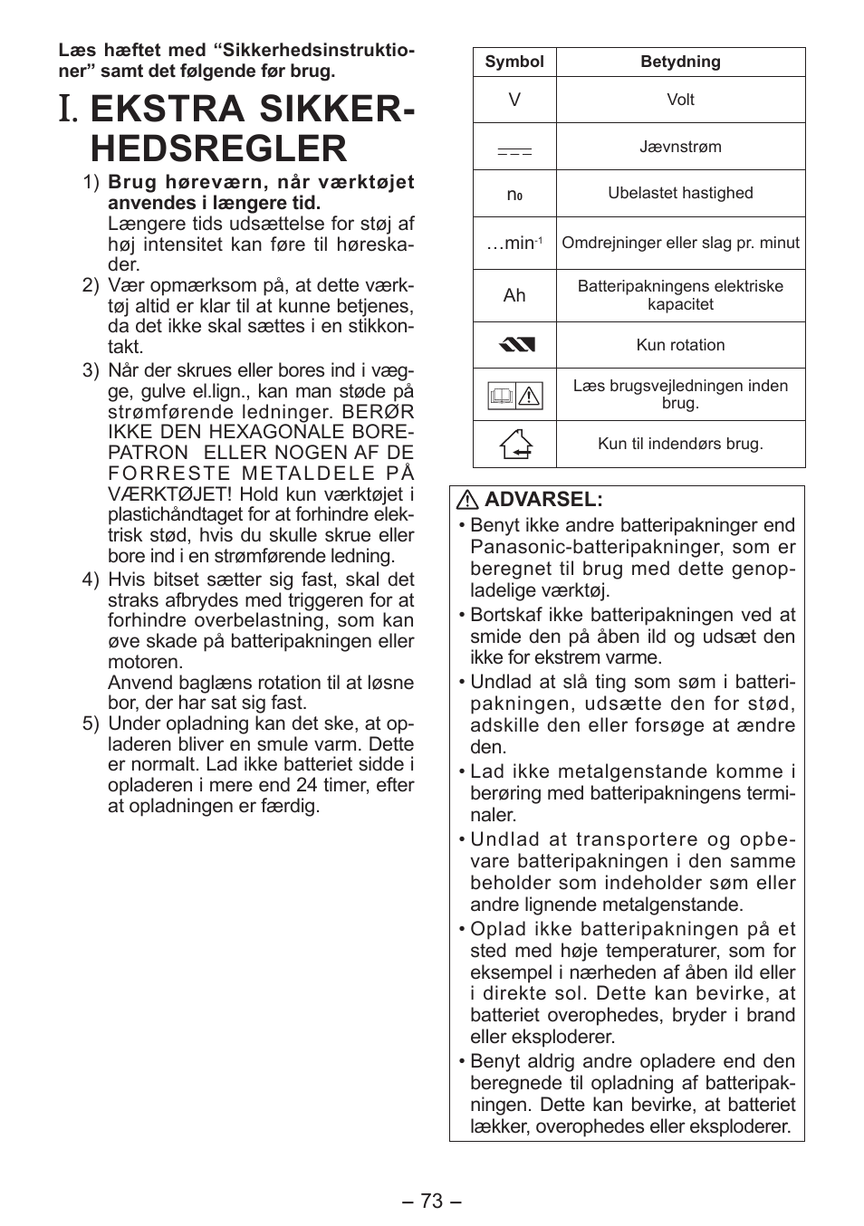Ekstra sikker- hedsregler | Panasonic EY7411 User Manual | Page 73 / 140