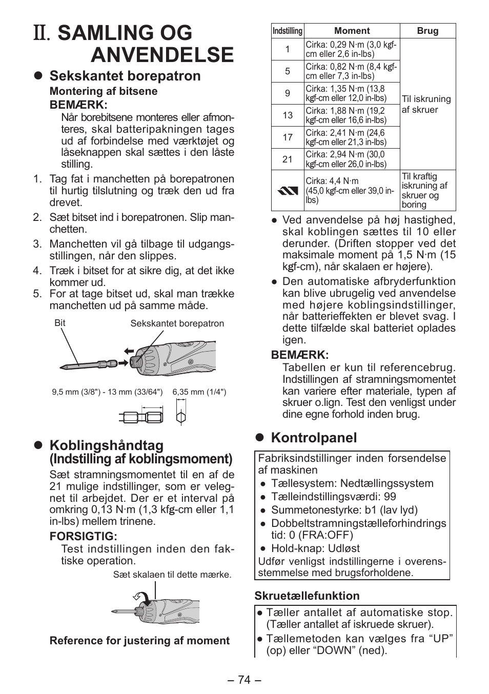 Samling og anvendelse, Sekskantet borepatron, Koblingshåndtag (indstilling af koblingsmoment) | Kontrolpanel | Panasonic EY7411 User Manual | Page 74 / 140