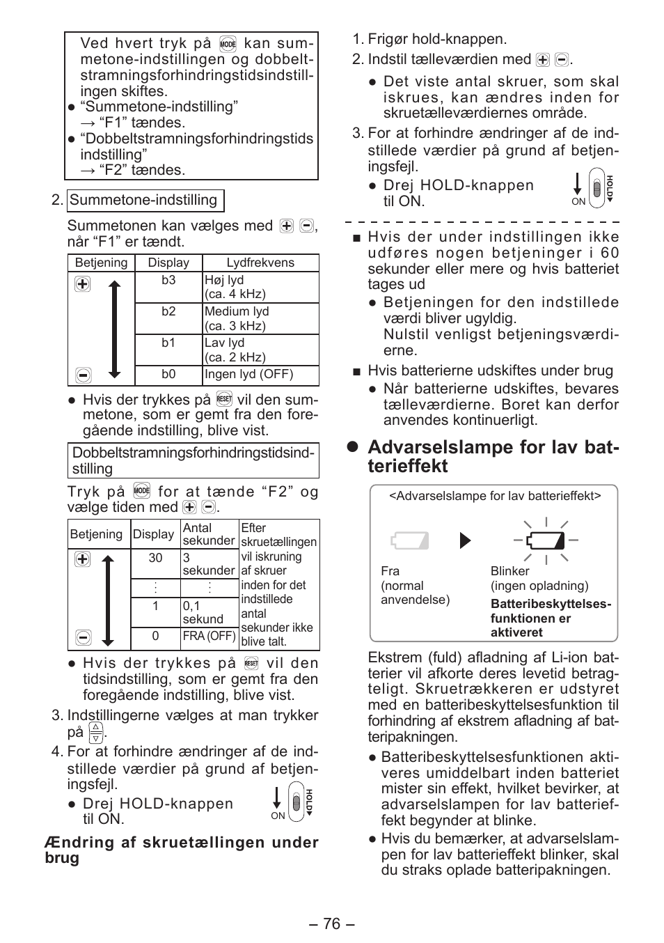 Advarselslampe for lav bat- terieffekt | Panasonic EY7411 User Manual | Page 76 / 140
