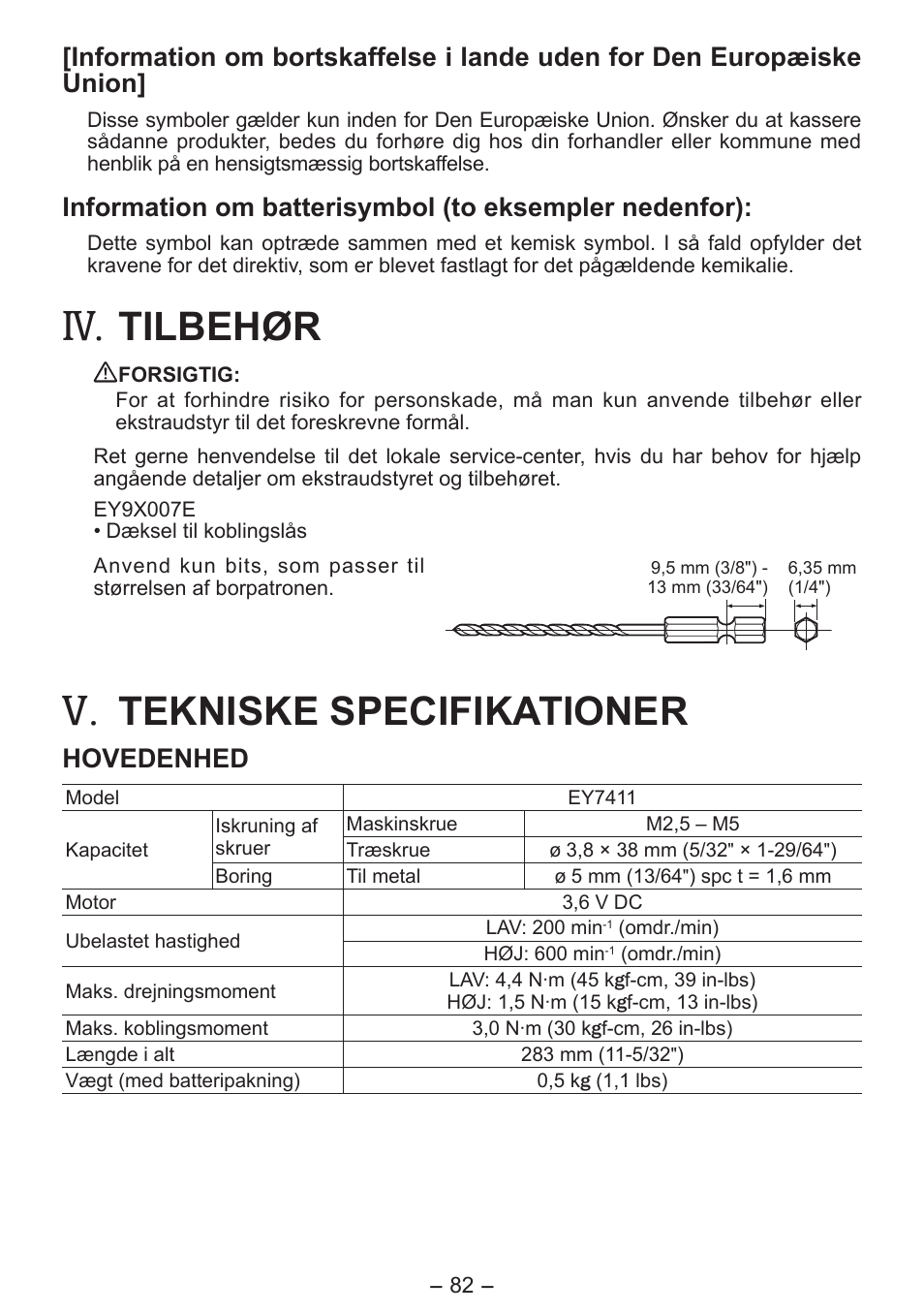 Tilbehør, Tekniske specifikationer, Hovedenhed | Panasonic EY7411 User Manual | Page 82 / 140
