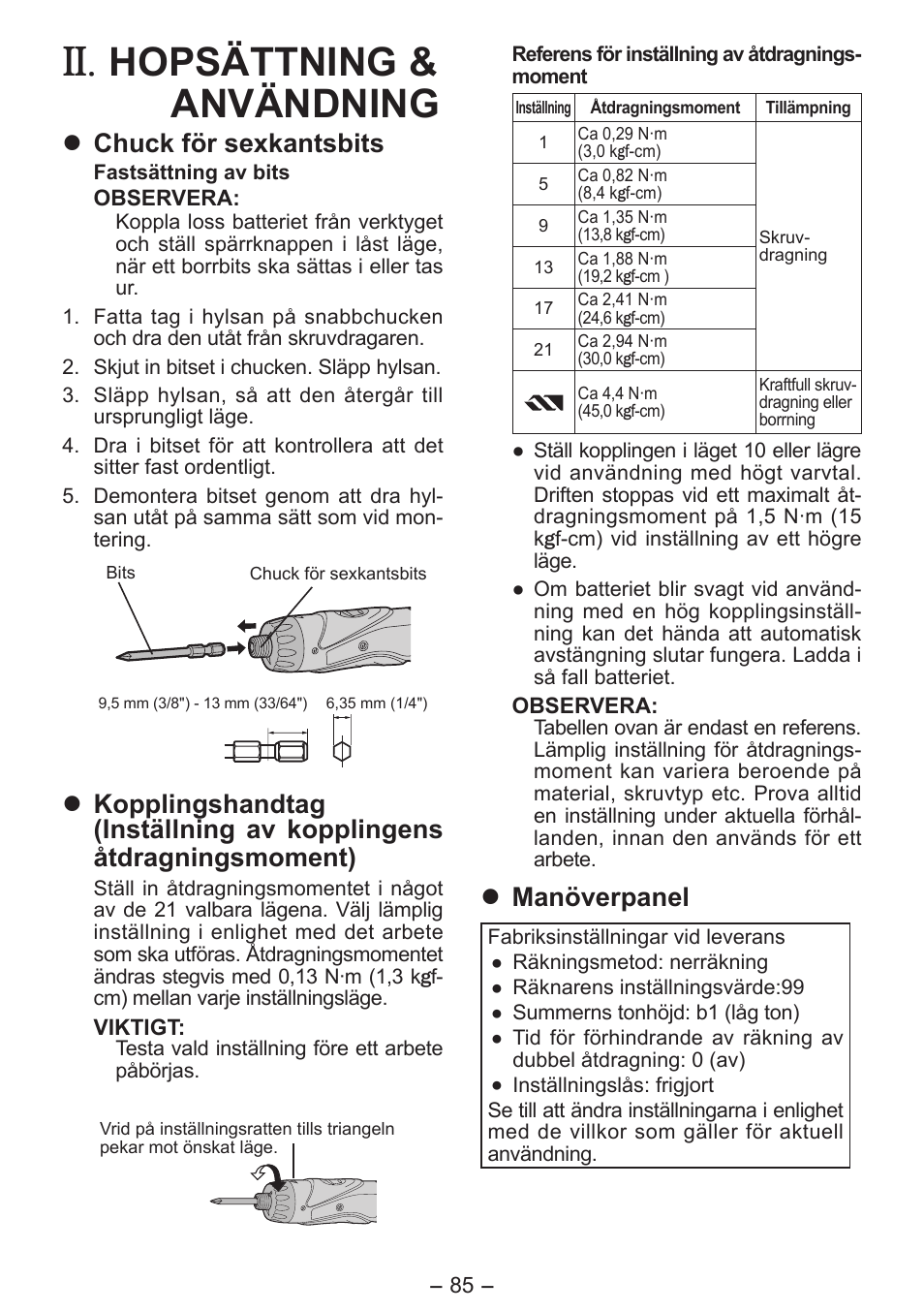 Hopsättning & användning, Chuck för sexkantsbits, Manöverpanel | Panasonic EY7411 User Manual | Page 85 / 140