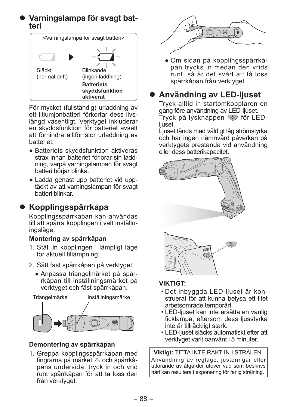 Varningslampa för svagt bat- teri, Kopplingsspärrkåpa, Användning av led-ljuset | Panasonic EY7411 User Manual | Page 88 / 140