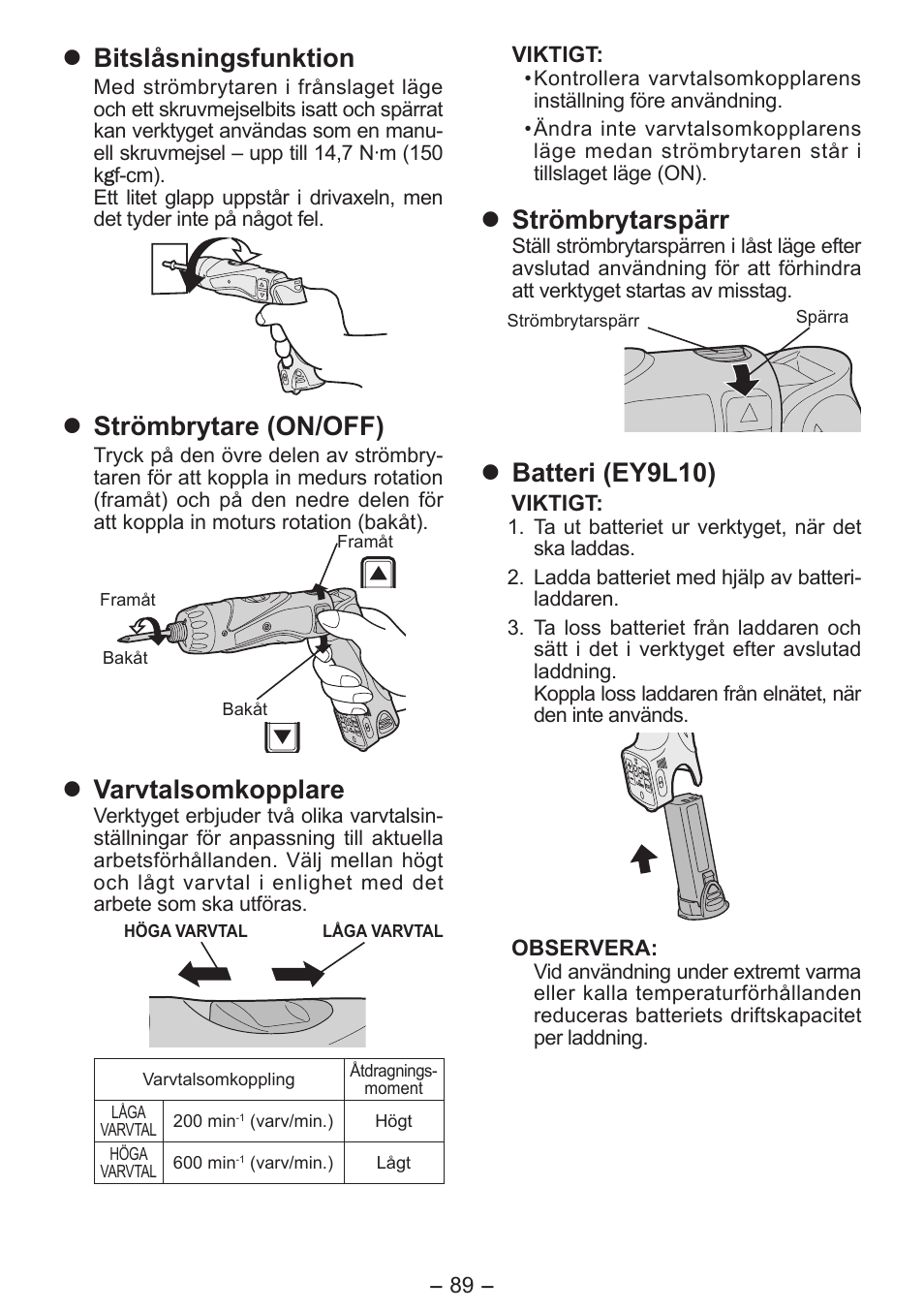 Bitslåsningsfunktion, Strömbrytare (on/off), Varvtalsomkopplare | Strömbrytarspärr, Batteri (ey9l10) | Panasonic EY7411 User Manual | Page 89 / 140