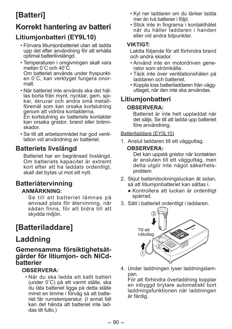 Batteri] korrekt hantering av batteri, Batteriladdare] laddning, Litiumjonbatteri (ey9l10) | Batteriets livslängd, Batteriåtervinning, Litiumjonbatteri | Panasonic EY7411 User Manual | Page 90 / 140