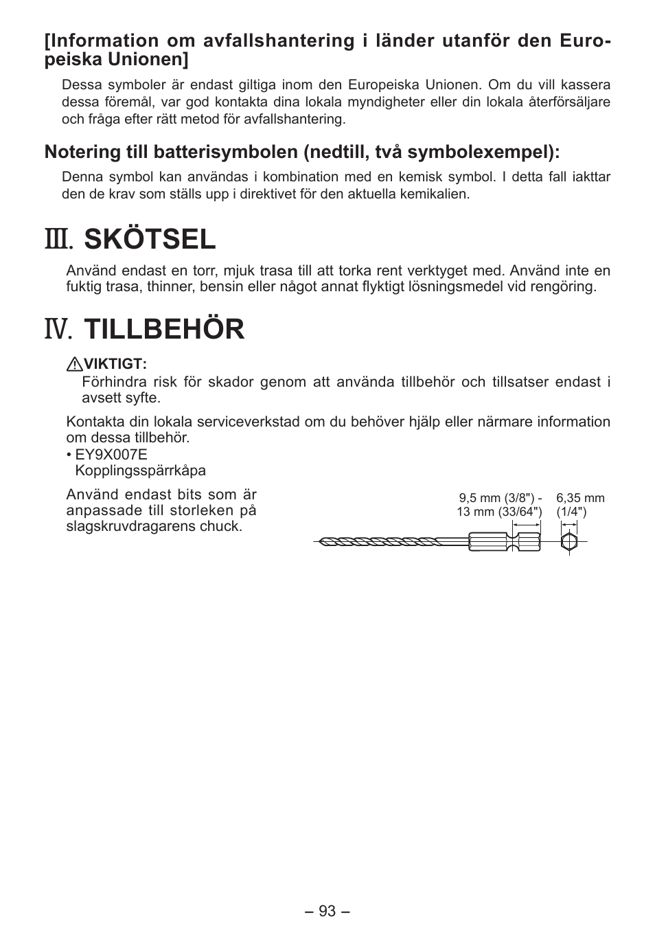 Skötsel, Tillbehör | Panasonic EY7411 User Manual | Page 93 / 140