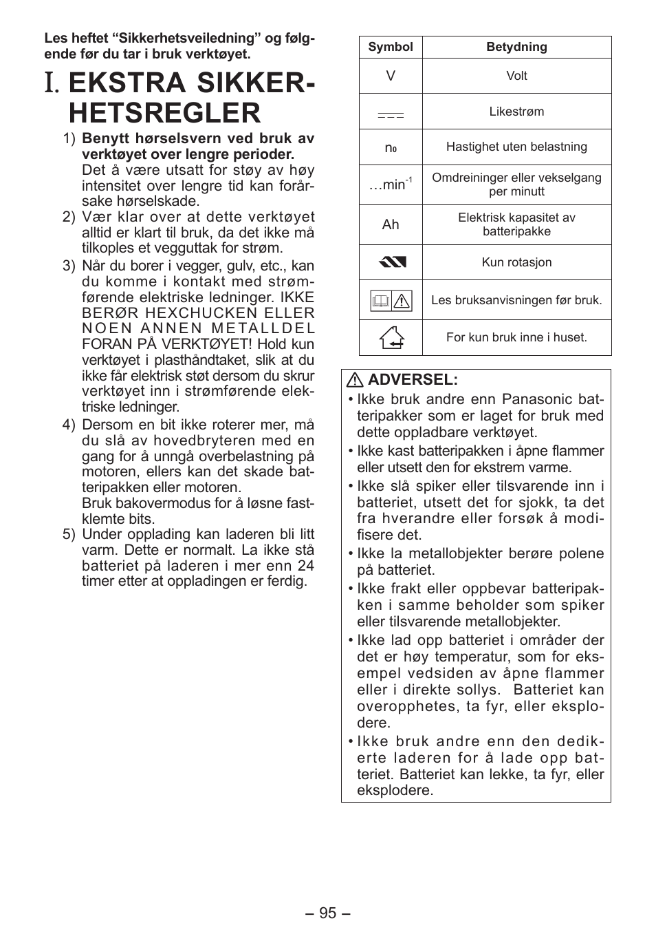Ekstra sikker- hetsregler | Panasonic EY7411 User Manual | Page 95 / 140