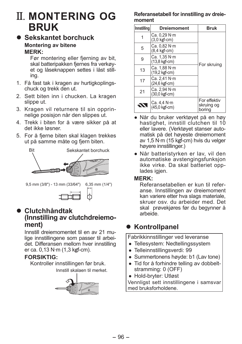 Montering og bruk, Sekskantet borchuck, Clutchhåndtak (innstilling av clutchdreiemo- ment) | Kontrollpanel | Panasonic EY7411 User Manual | Page 96 / 140