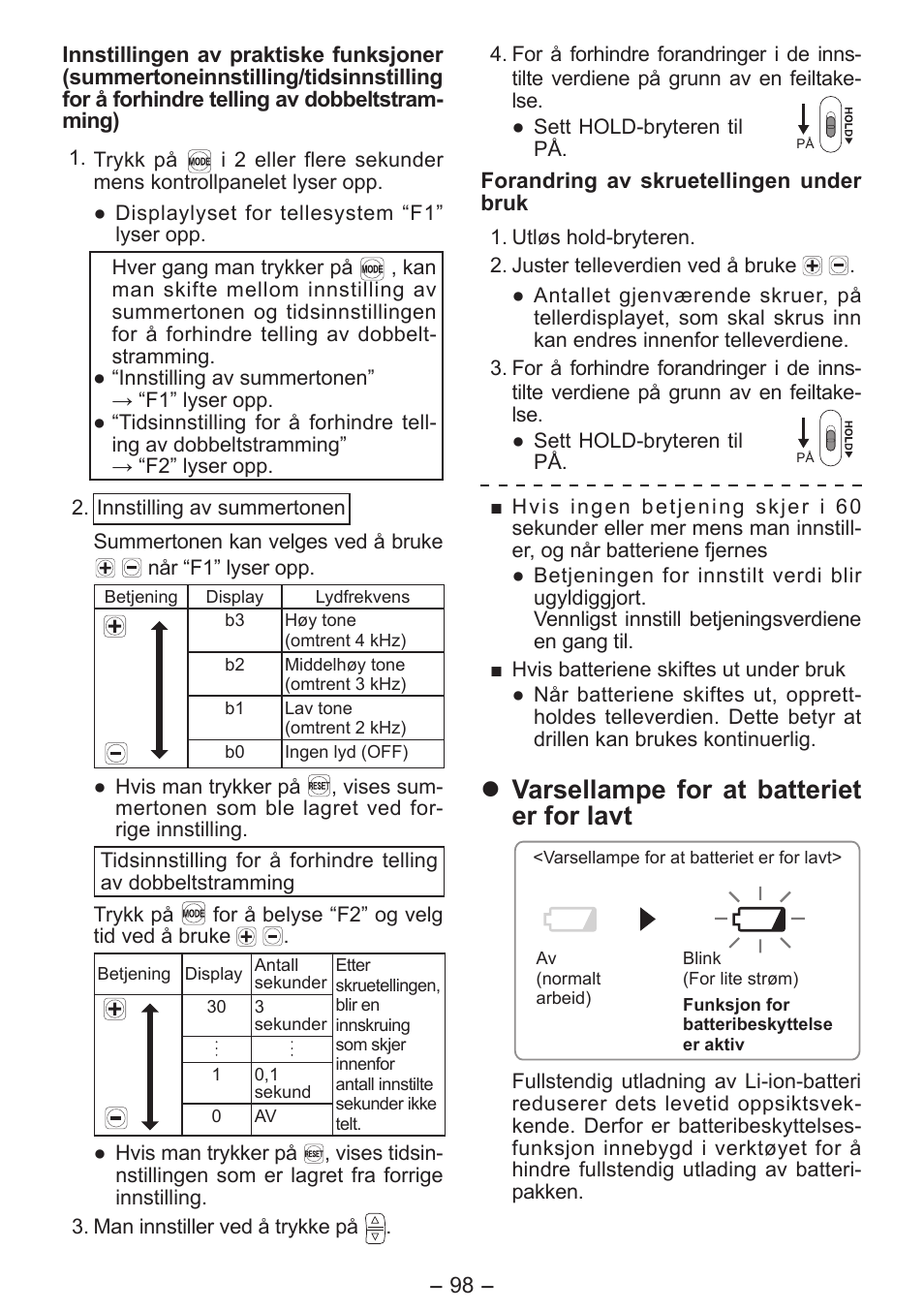 Varsellampe for at batteriet er for lavt | Panasonic EY7411 User Manual | Page 98 / 140