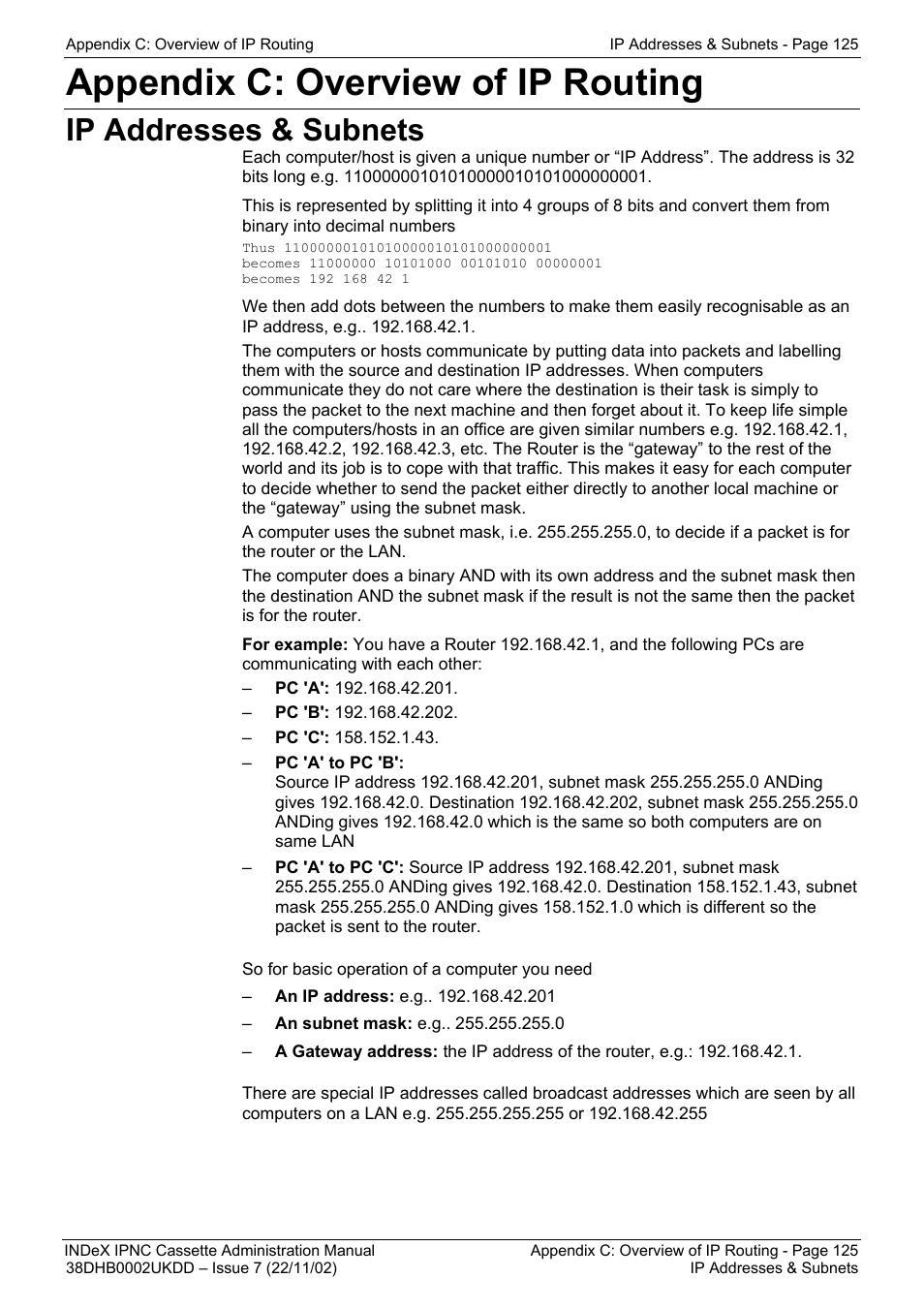 Appendix c: overview of ip routing, Ip addresses & subnets, Appendix c: overview of ip routing 125 | Avaya 38DHB0002UKDD User Manual | Page 125 / 144