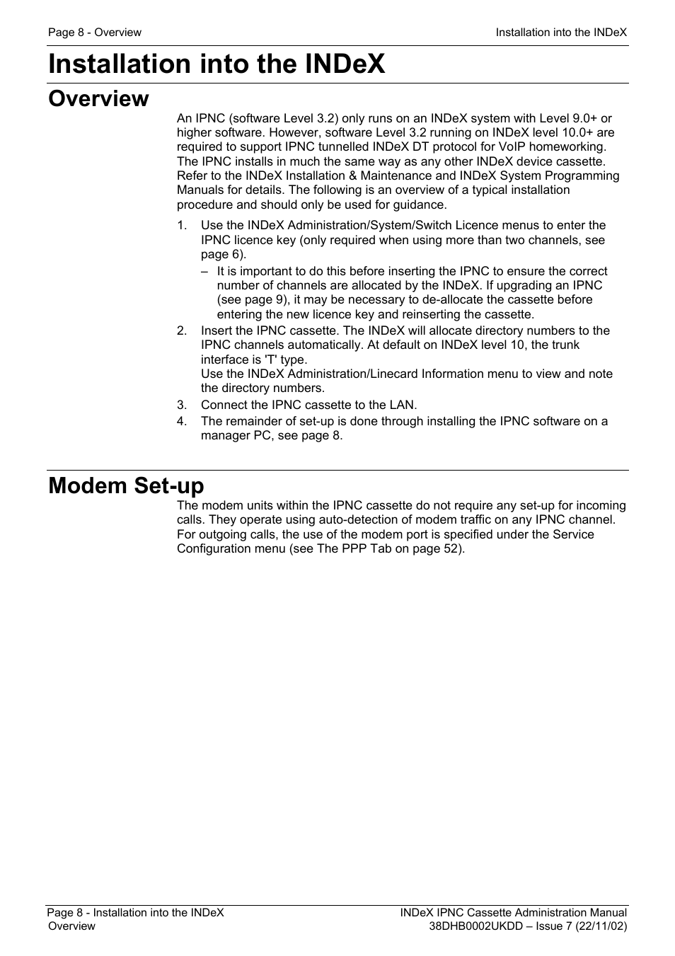 Installation into the index, Overview, Modem set-up | Avaya 38DHB0002UKDD User Manual | Page 8 / 144