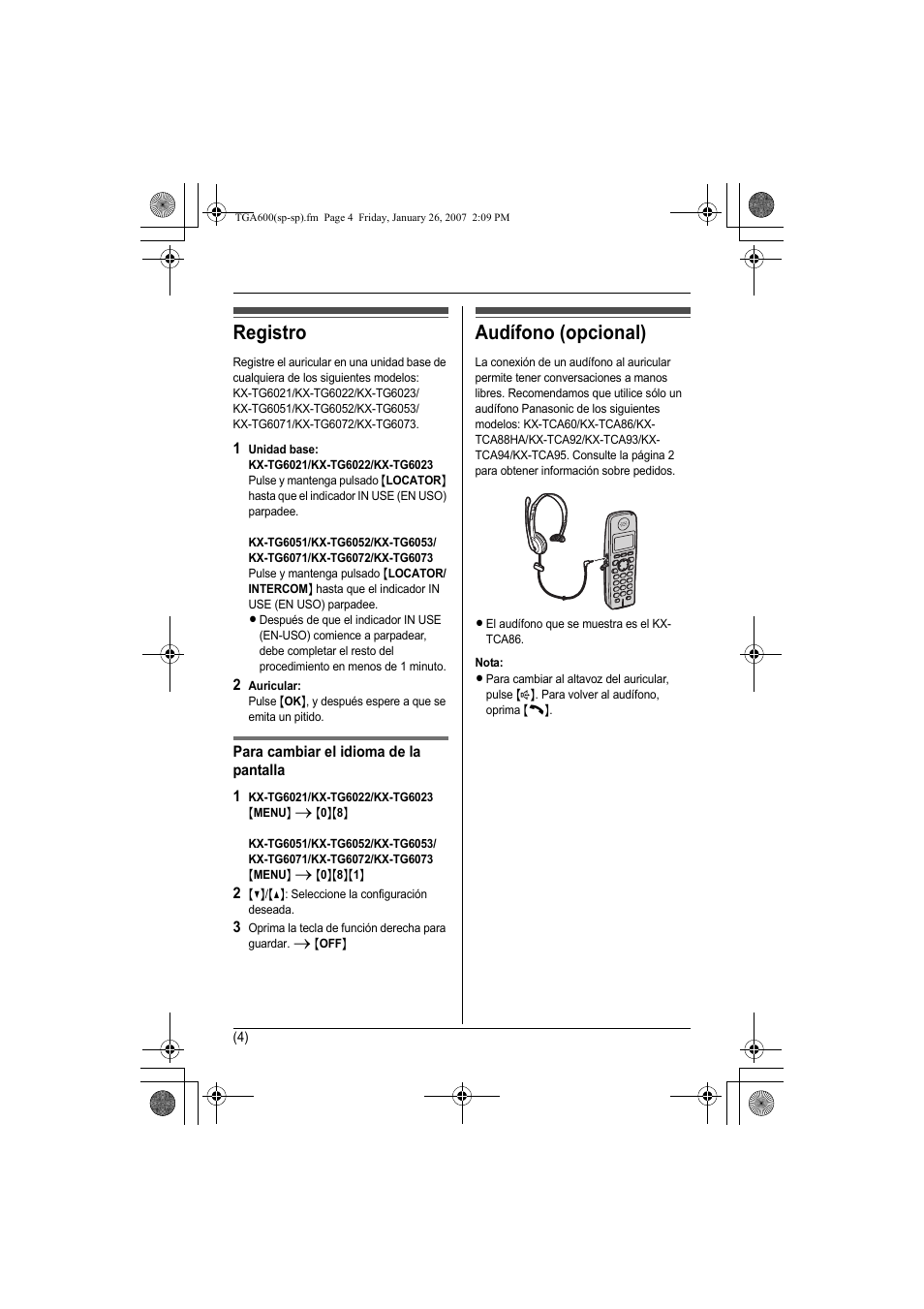 Registro, Audífono (opcional) | Panasonic KXTGA600 User Manual | Page 15 / 16