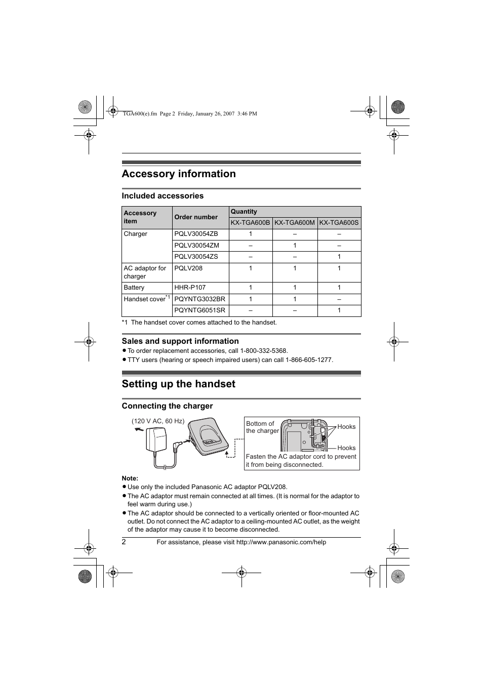 Accessory information, Setting up the handset | Panasonic KXTGA600 User Manual | Page 2 / 16