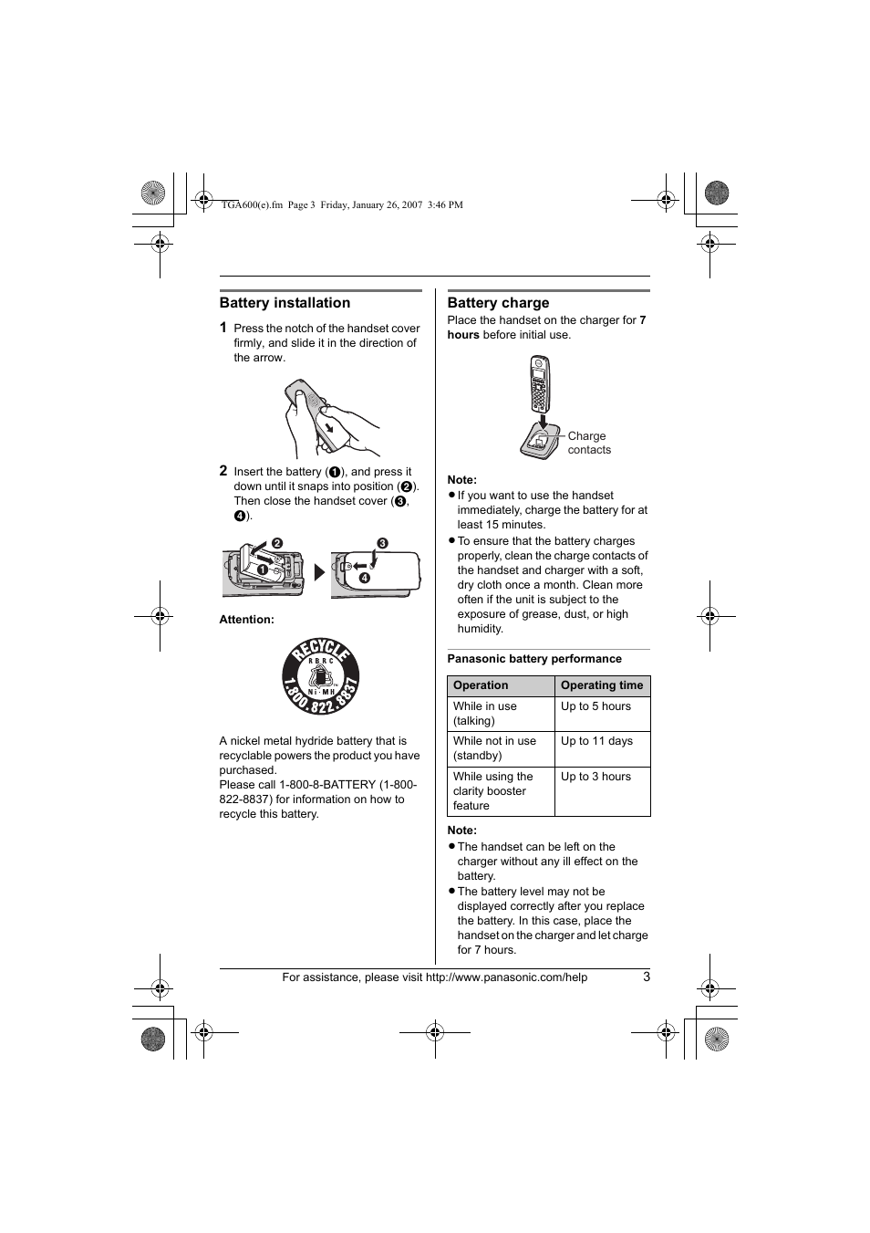 Panasonic KXTGA600 User Manual | Page 3 / 16