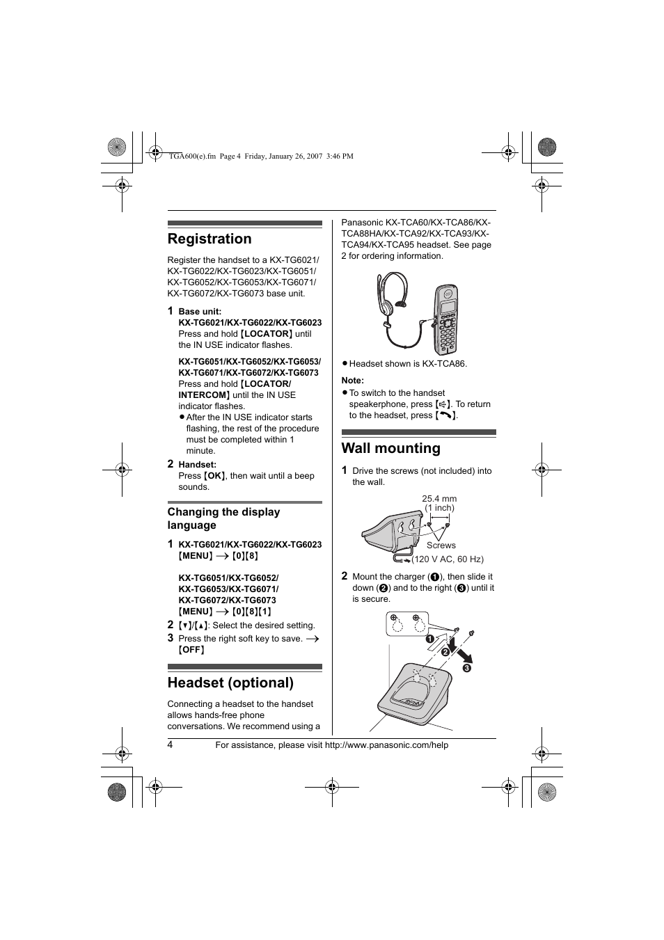 Registration, Headset (optional), Wall mounting | Panasonic KXTGA600 User Manual | Page 4 / 16