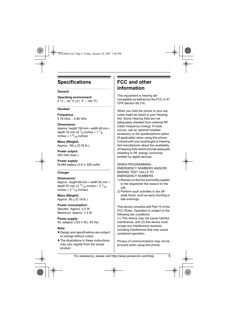 Specifications, Fcc and other information | Panasonic KXTGA600 User Manual | Page 5 / 16