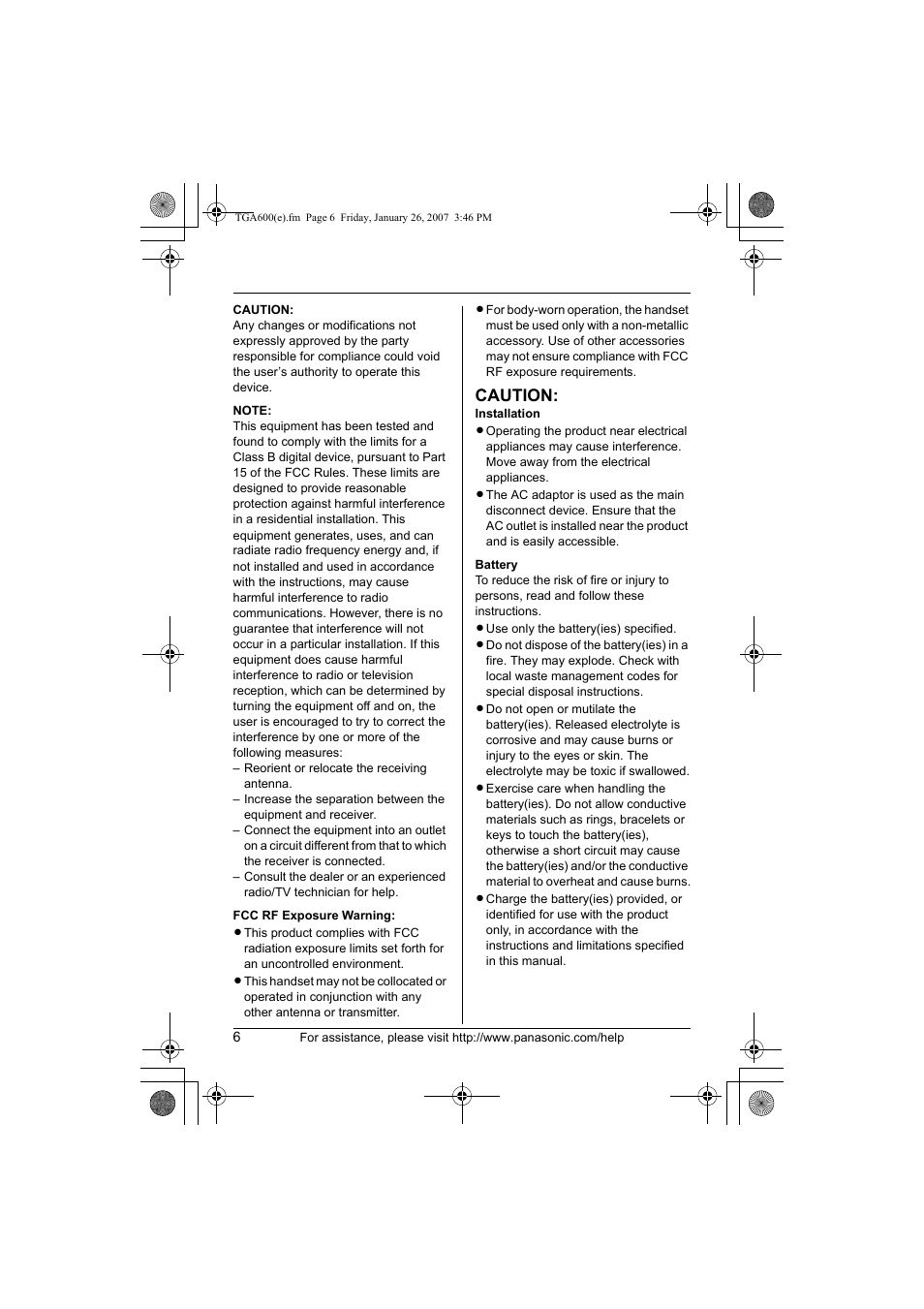 Caution | Panasonic KXTGA600 User Manual | Page 6 / 16