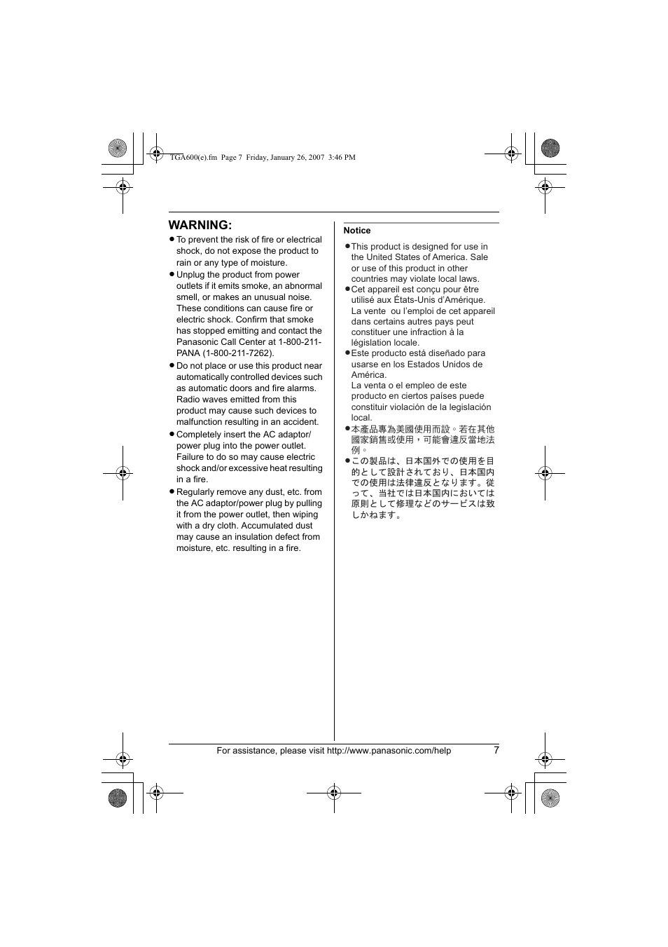 Warning | Panasonic KXTGA600 User Manual | Page 7 / 16