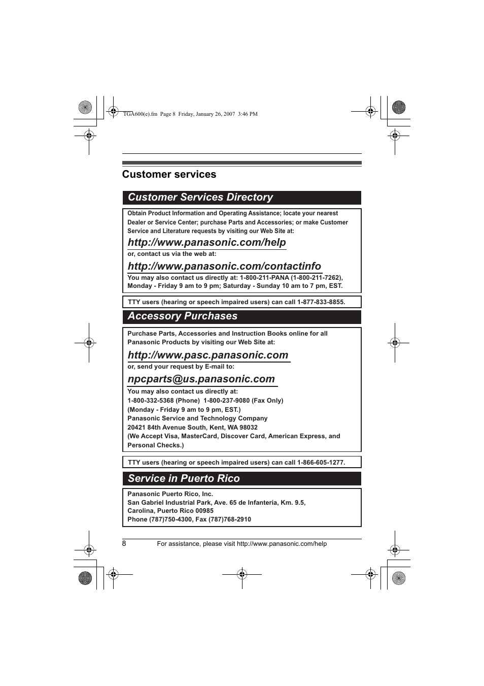Customer services customer services directory, Accessory purchases service in puerto rico | Panasonic KXTGA600 User Manual | Page 8 / 16