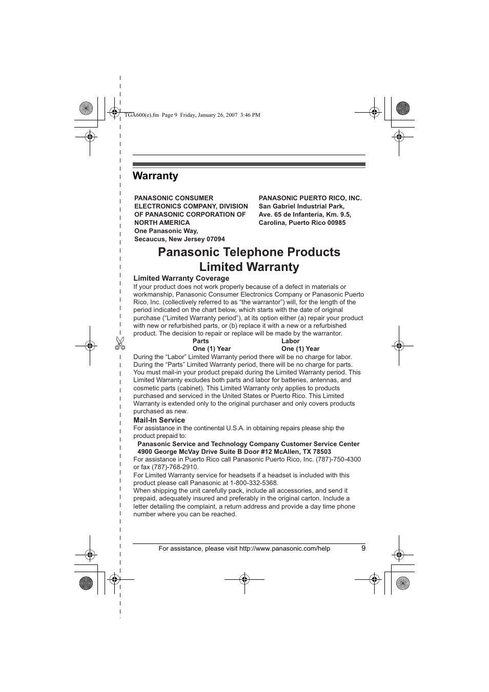 Panasonic telephone products limited warranty, Warranty | Panasonic KXTGA600 User Manual | Page 9 / 16