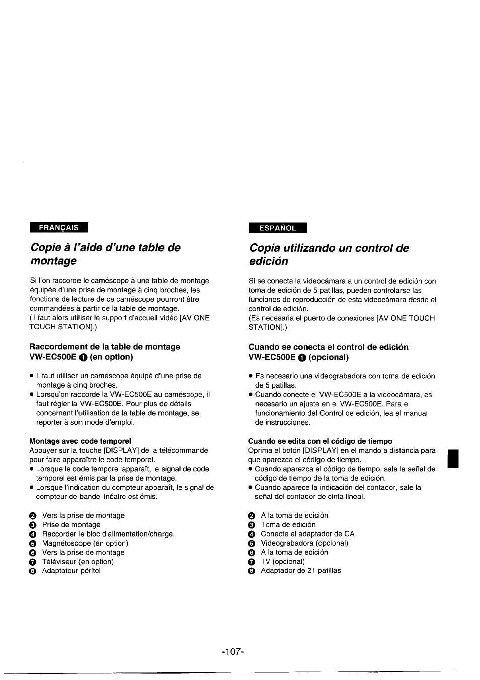 Copie à l’aide d’une table de montage, Copia utilizando un control de edición | Panasonic NVDS1EG User Manual | Page 107 / 180